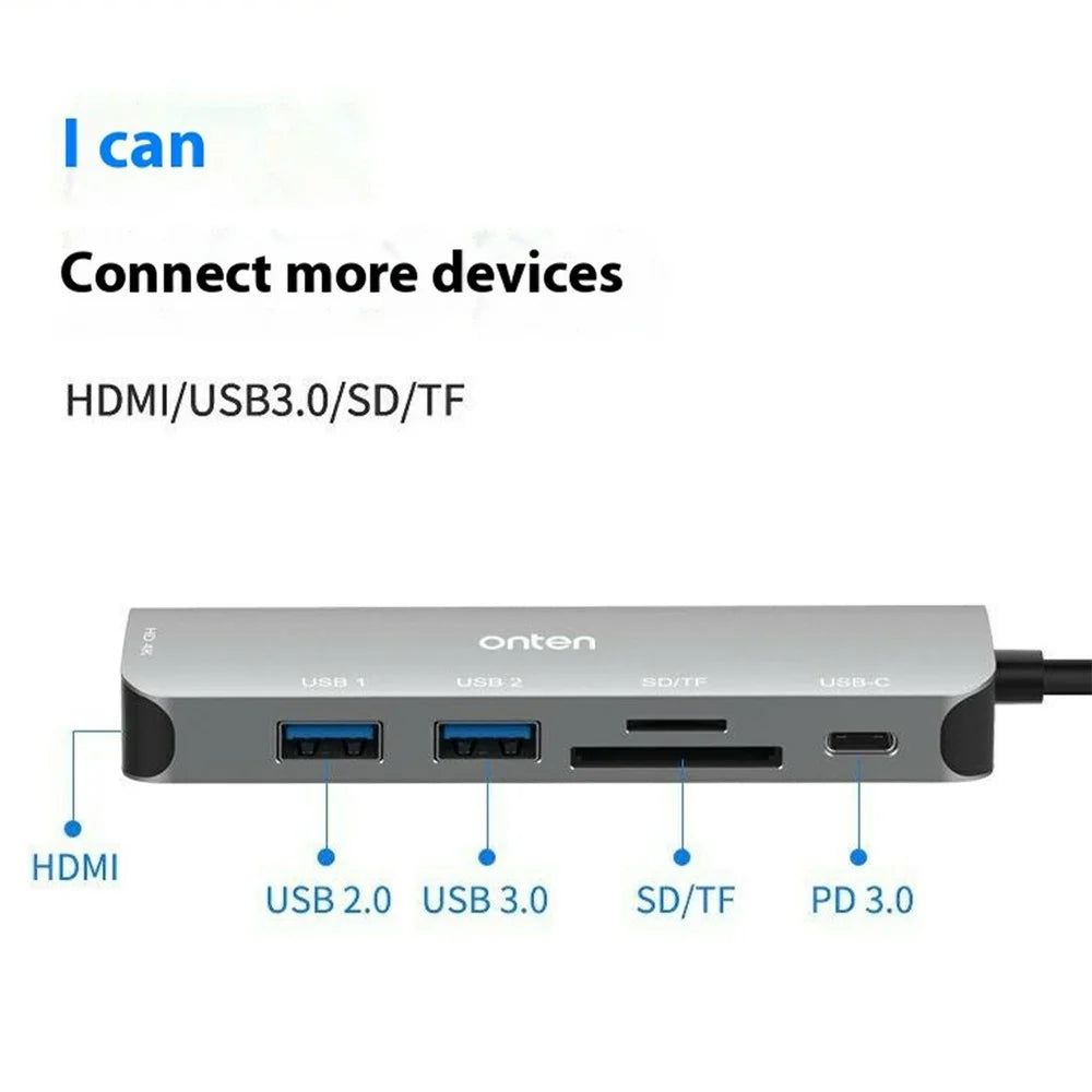 ONTEN 95116D Type-C 6 in 1 Hub Docking Station 4K HD USB3.0 USB2.0 PD3.0 TF SD Card Reader Adapter - 4