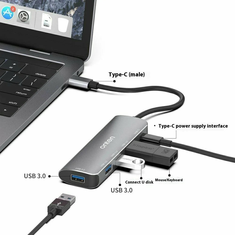 ONTEN 95116S Type-C to 4 x USB3.0 + PD3.0 Adapter Aluminum Alloy USB Hub Splitter - 3