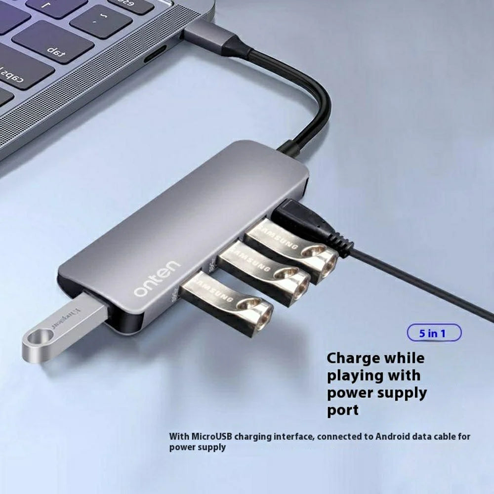 ONTEN 9602 Type-C to 4 x USB3.0 + PD3.0 Hub 5Gbps High Speed Data Transfer Aluminum Alloy Adapter - 2