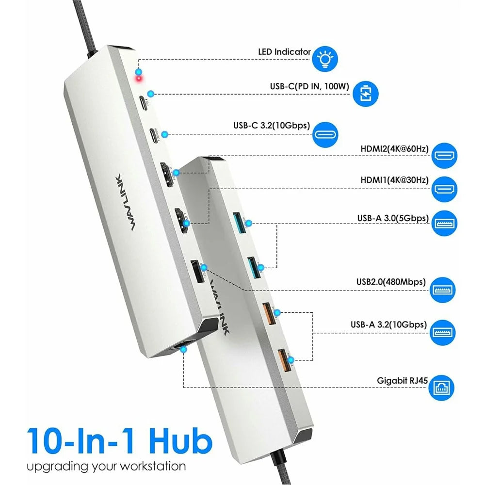 WAVLINK UMD309 10 in 1 USB-C Hub Dual HD 100W PD 10Gbps USB-A USB-C Docking Station - 3