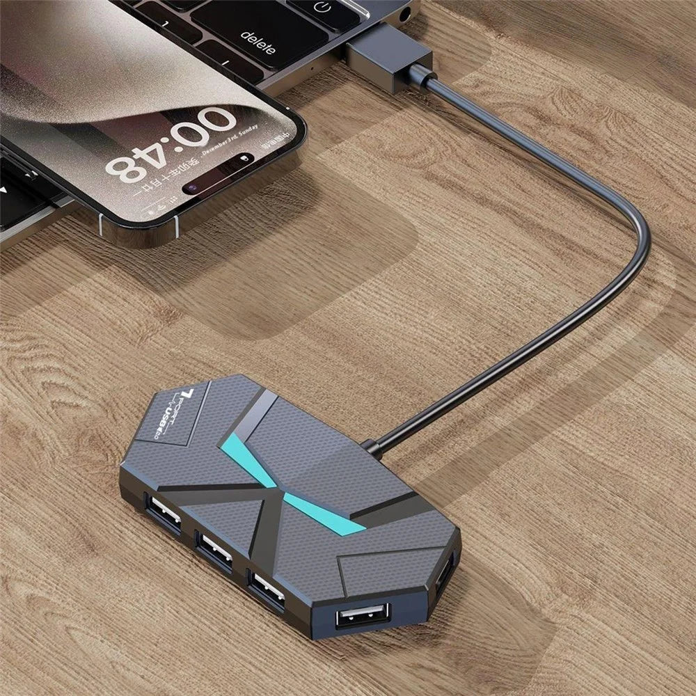 0.6m USB 2.0 Hub 7 Port Splitter Adapter with Power Delivery / RGB Ambient Light / Data Transfer for Laptop - Black - 6