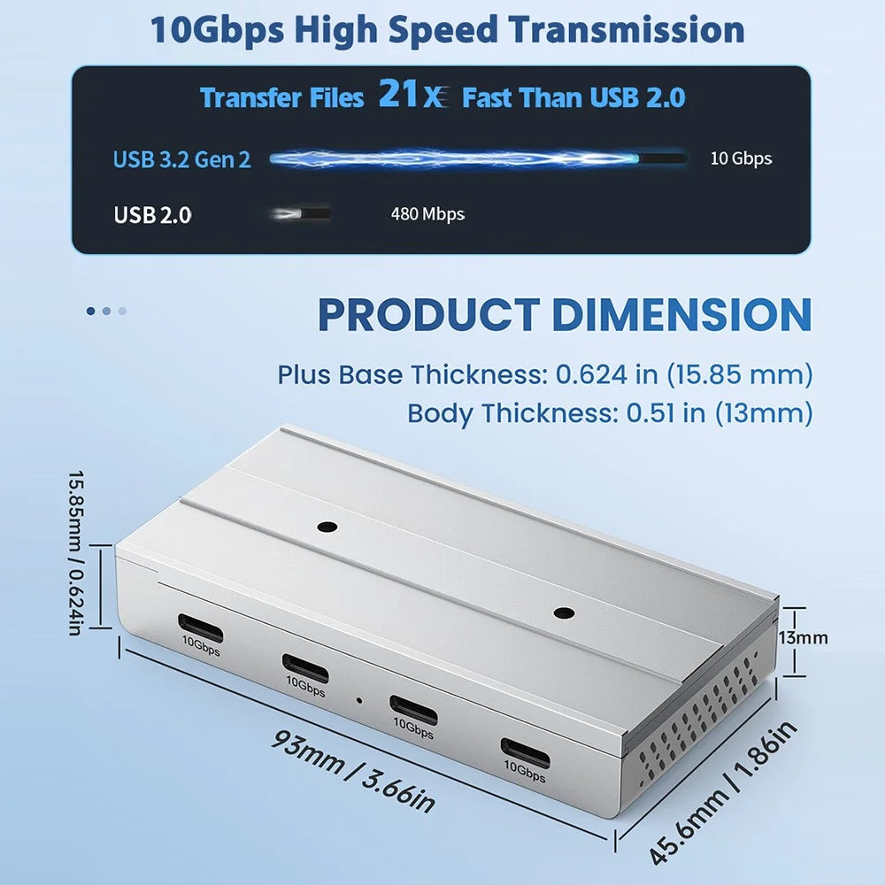 HST-4C USB Hub Magnetic Rail Expansion Dock 4 x Type-C 3.2 Aluminum Alloy Adapter - Silver - 6