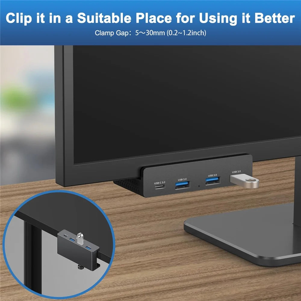 YW-HCL-3A1C-Pro 5Gbps Data Transfer 4 Ports Hub Type C 3.0 + 3 USB 3.0 Clip On External Dock Station - Black - 2