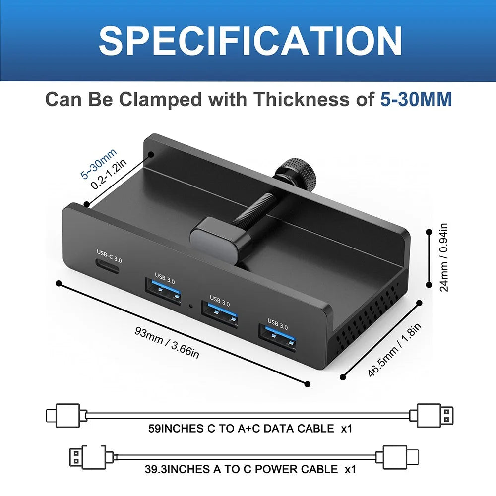 YW-HCL-3A1C-Pro 5Gbps Data Transfer 4 Ports Hub Type C 3.0 + 3 USB 3.0 Clip On External Dock Station - Black - 7