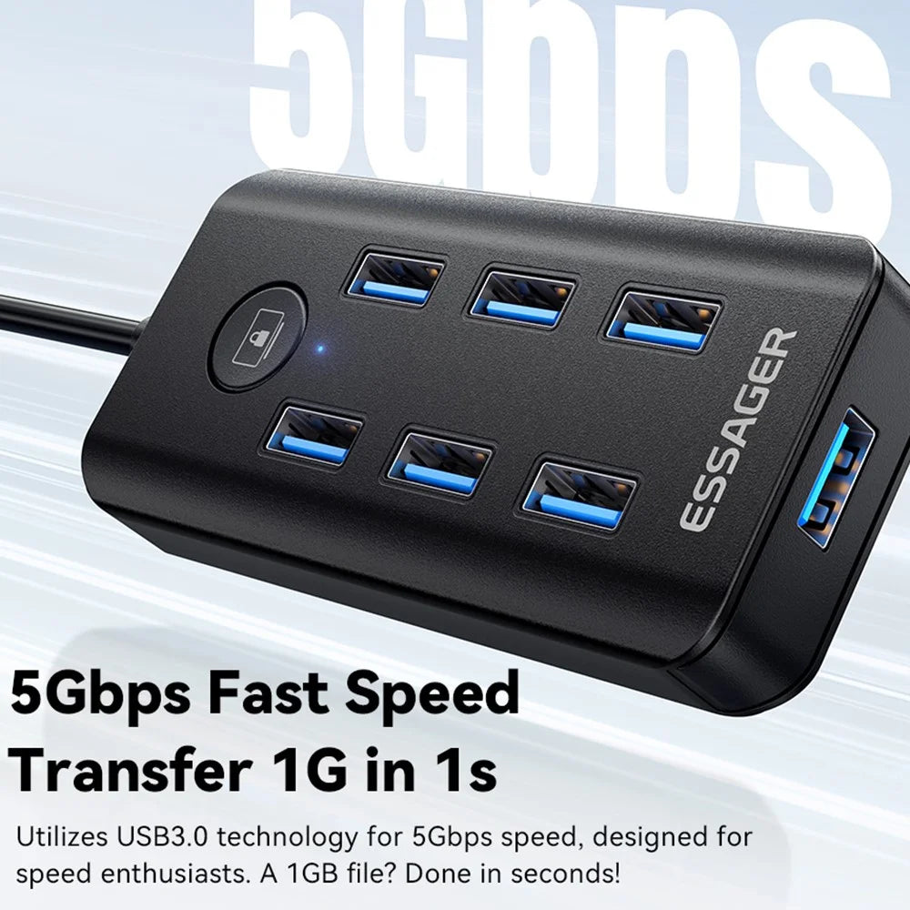 ESSAGER 7 in 1 USB 3.0 Hub For PC  /  Laptop  /  MacBook High Speed Data Transfer Multi Port Expansion - 4
