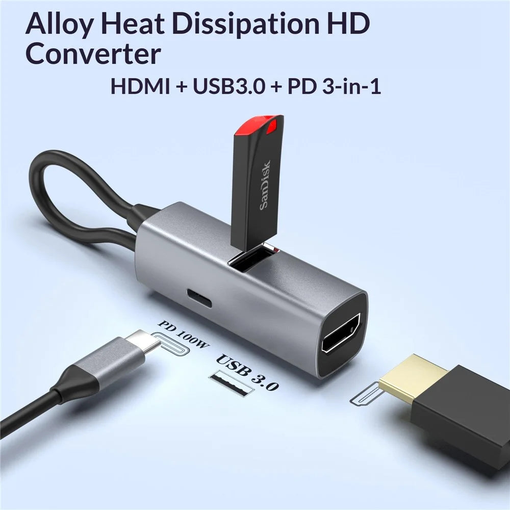 Type C to HD Converter 100W 4K 3 in 1 USB 3.0 Hub Adapter Portable Fast Charging for TV  /  Monitor Screen Mirroring - 2