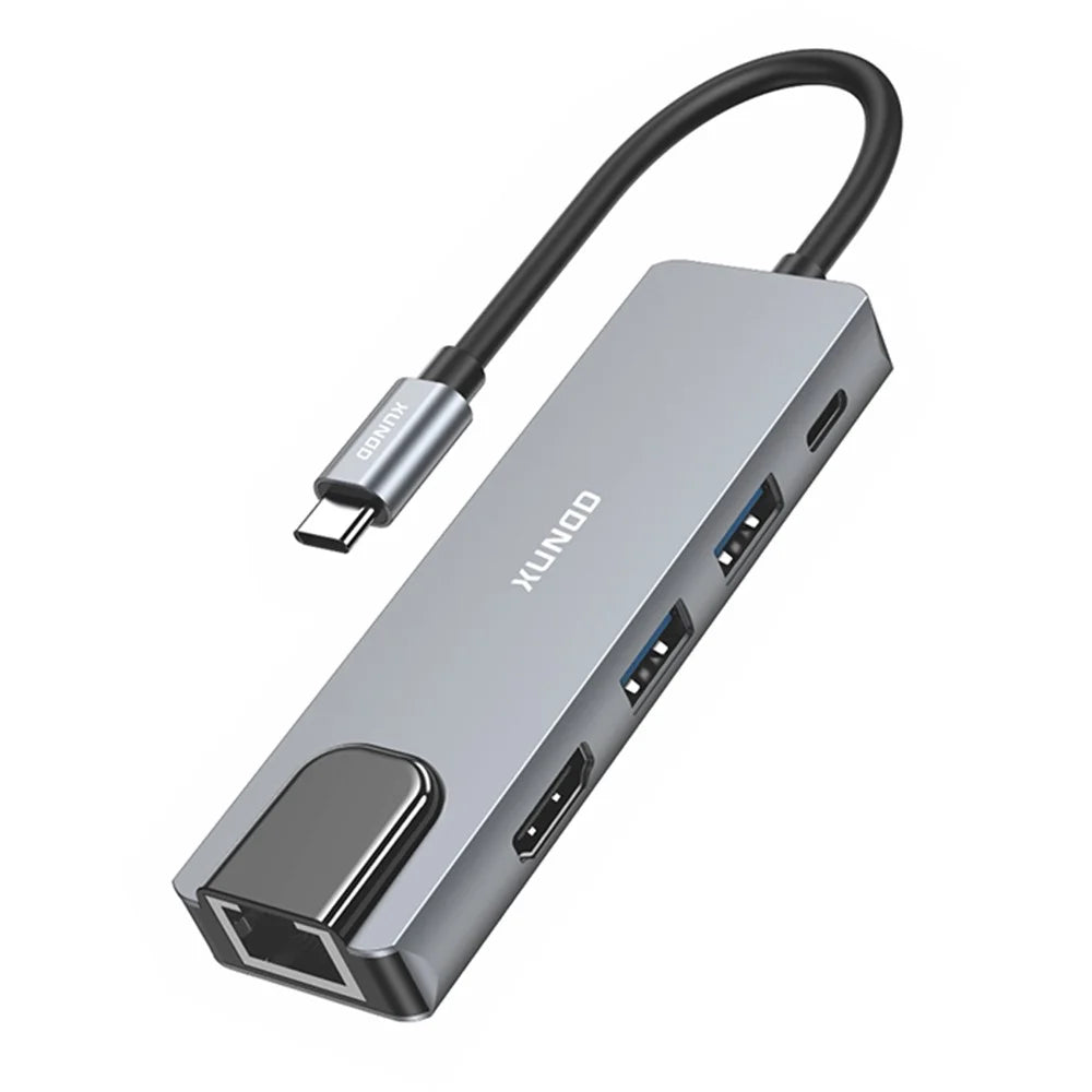 XUNDD XDDC-070 Multi-Port Adapter 5 in 1 USB-C Hub with 4K HD  /  Ethernet  /  PD Charging Ports - Grey - 1