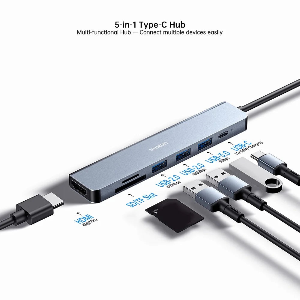 XUNDD XDDC-072 Expansion Dock 7 in 1 Type-C Hub USB-C to PD  /  USB 3.0  /  USB 2.0  /  HD  /  SD  /  TF Card Reader - Grey - 2