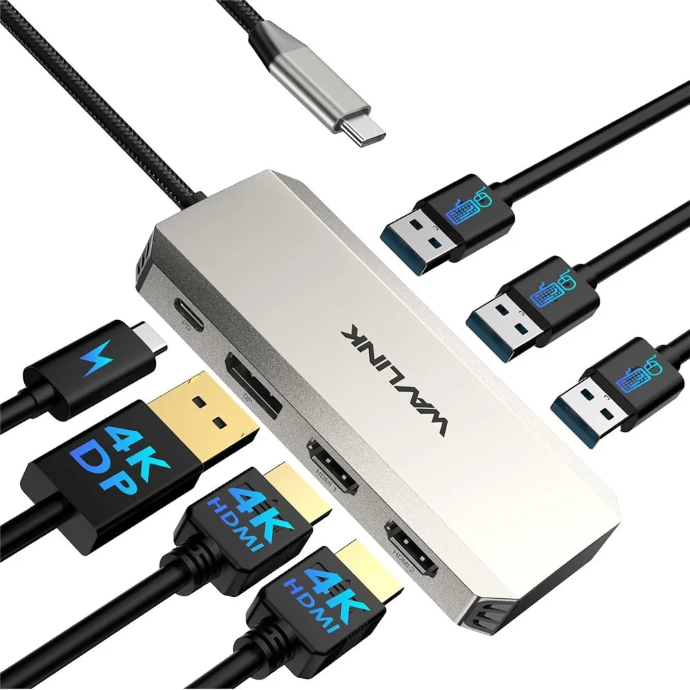 WAVLINK WL-UMD308L Triple 4K Docking Station USB-C Hub Adapter with HD / DP / 100W PD Ports for Laptops - Silver - 3