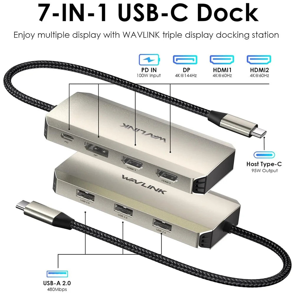 WAVLINK WL-UMD308L Triple 4K Docking Station USB-C Hub Adapter with HD / DP / 100W PD Ports for Laptops - Silver - 5