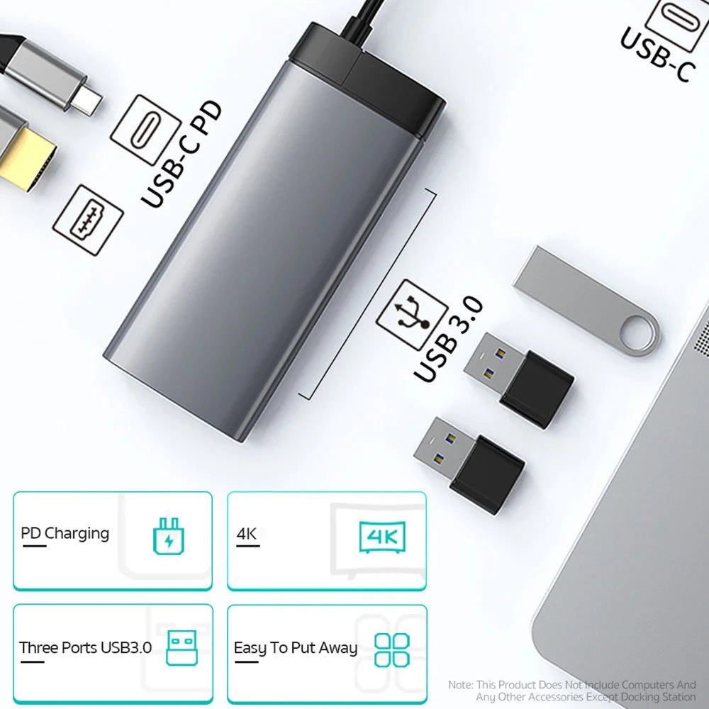 COTECI 5 in 1 USB-C Hub Type-C to 4K HD PD 100W USB 3.0 Multiport Adapter for MacBook Laptop - Grey - 2