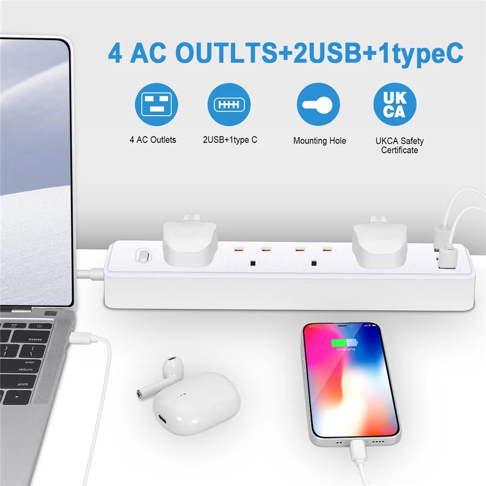 UN-104 UK Plug 4 Outlets 2 USB Ports 1 Type-C Port Power Strip 1700J Surge Protection 2500W Child Safety Power Socket for Home Office - White - 2