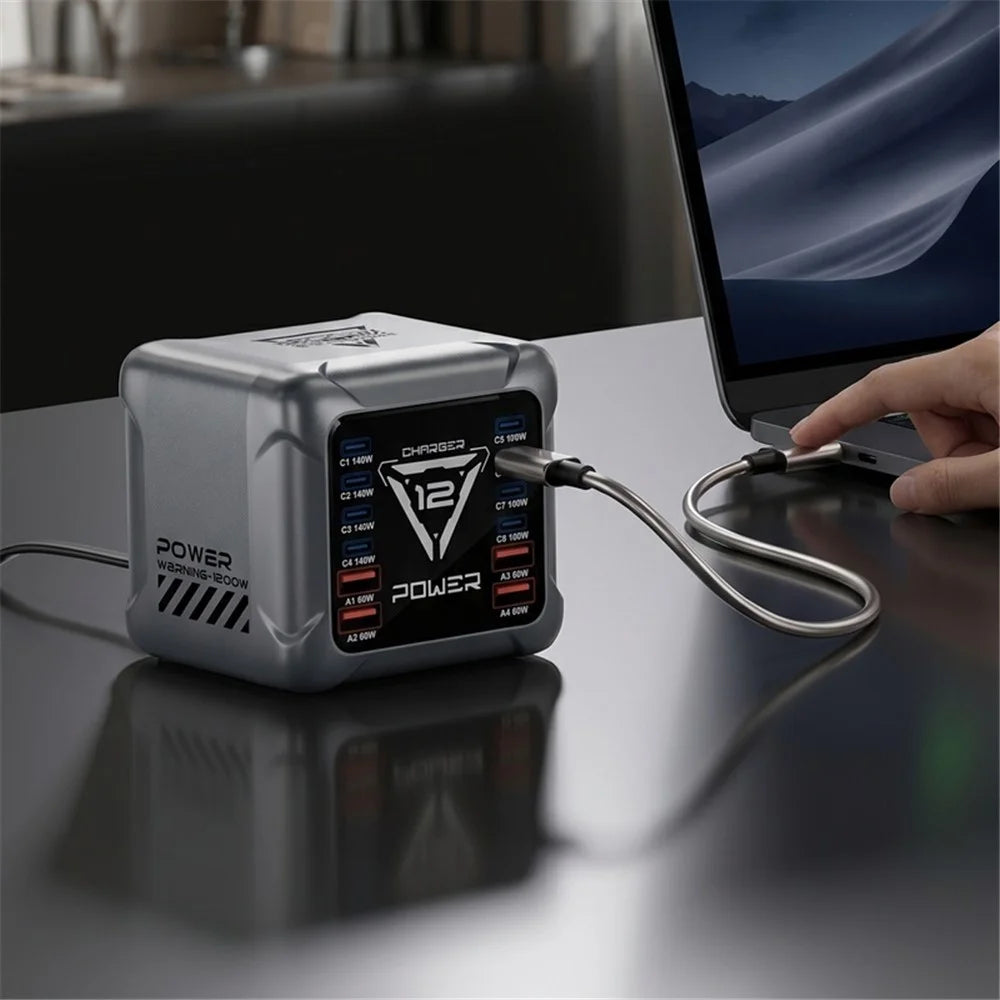 BK-127D 12-Port GaN Desktop Charger with 8 USB-C and 4 USB-A Ports RGB Light 140W Fast Charging Station - EU Plug - 2