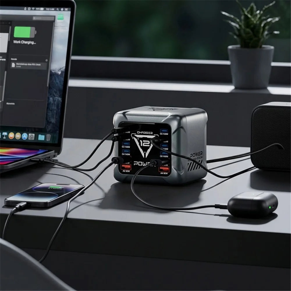 BK-127D 12-Port GaN Desktop Charger with 8 USB-C and 4 USB-A Ports RGB Light 140W Fast Charging Station - EU Plug - 4