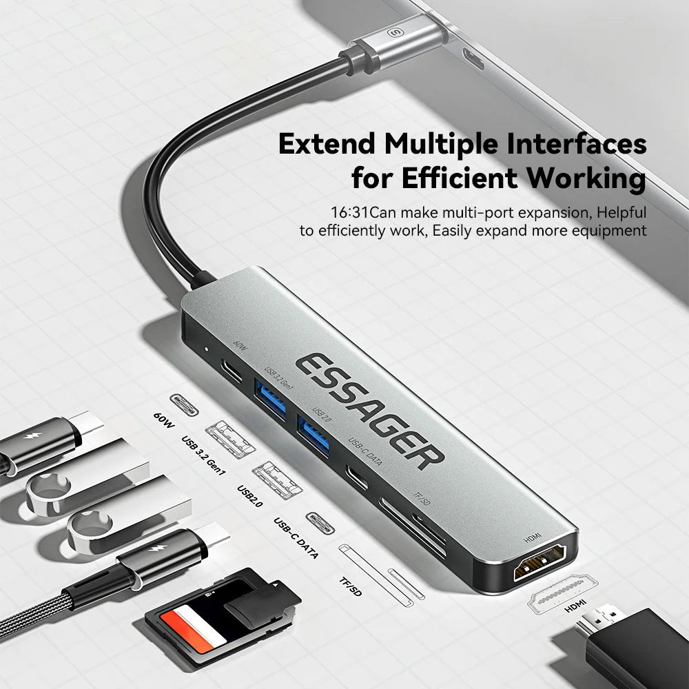 ESSAGER Type-C Hub Converter to PD 60W Fast Charging+Type-C Data Port+USB 3.2+USB 2.0+HD Video Output+2 Card Reader Slots - 4