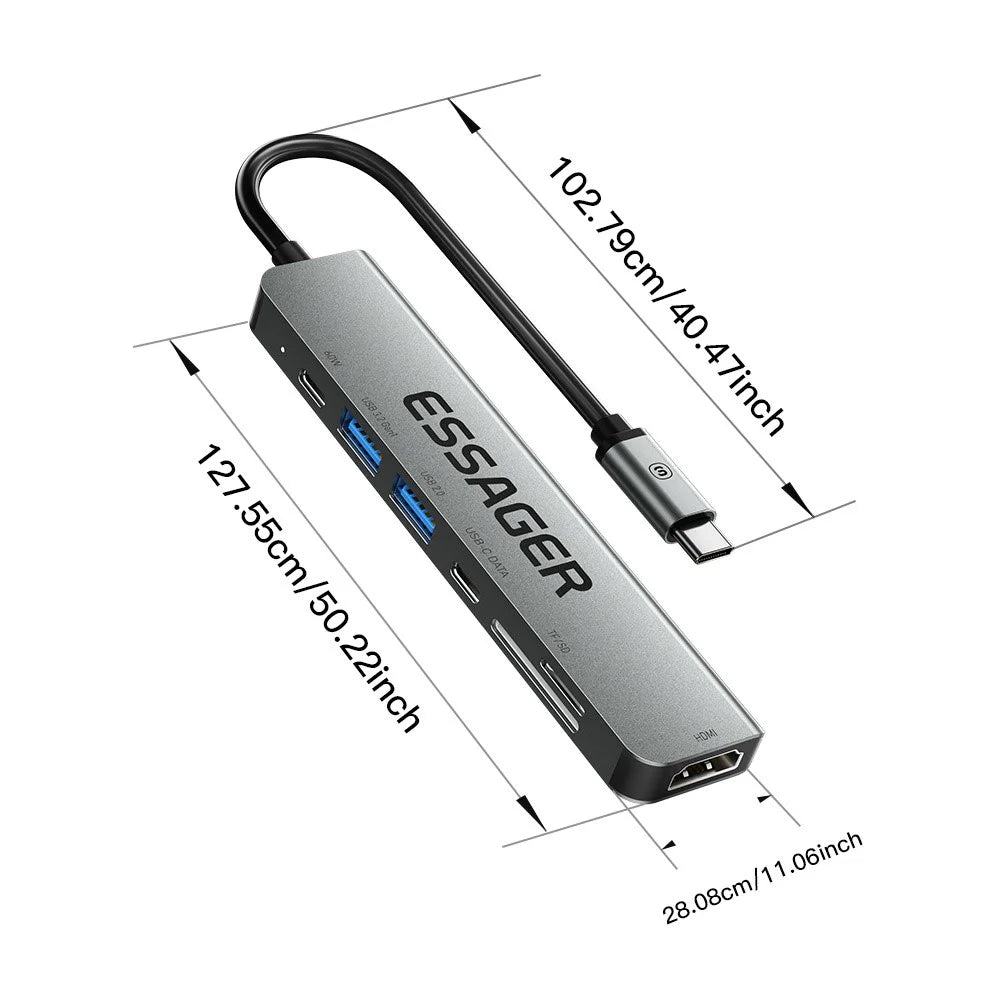 ESSAGER Type-C Hub Converter to PD 60W Fast Charging+Type-C Data Port+USB 3.2+USB 2.0+HD Video Output+2 Card Reader Slots - 7