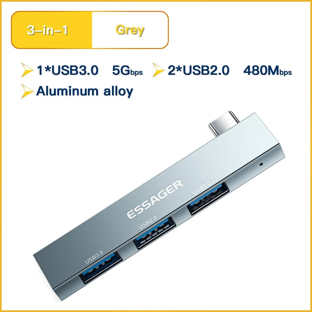 ESSAGER 3-in-1 USB Hub Splitter 1 USB3.0 + 2 USB2.0 Ports Aluminum Alloy Adapter for Type-C Tablet Laptop - Grey - 2
