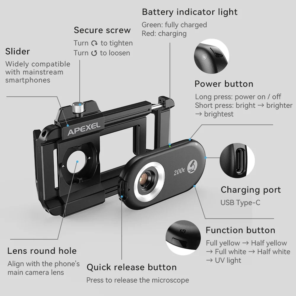 APEXEL APL-MS3IN1 Mobile Phone Holder Clip 100x / 150x / 200x 3-in-1 Magnification Microscope with CPL Filter - 2