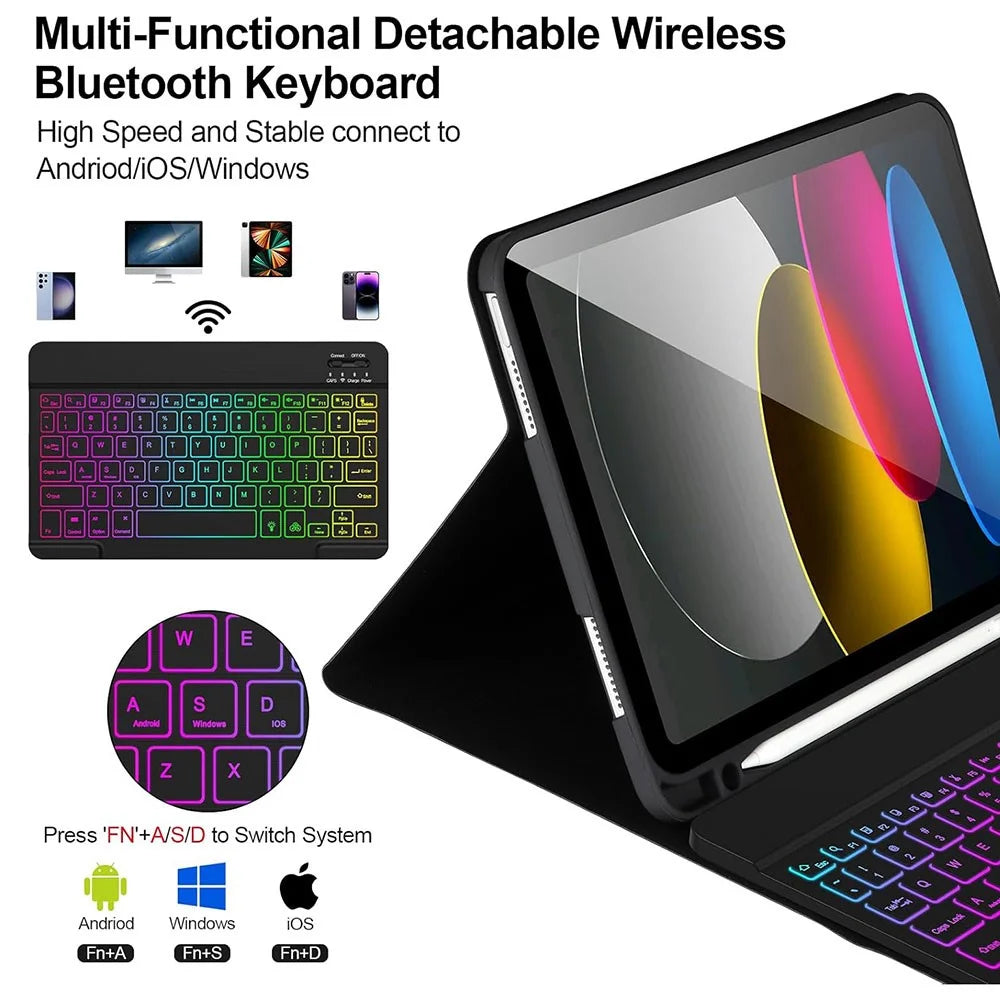 RGB-1099D For iPad (2025) / 10.9 (2022) Leather Tablet Stand Cover + Three-Color Backlit Bluetooth-Compatible Keyboard - Black - 6