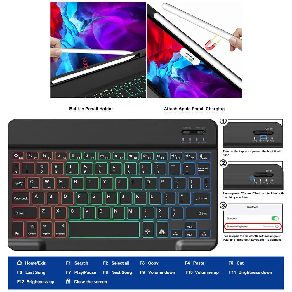 RGB-1099D For iPad (2025) / 10.9 (2022) Leather Tablet Stand Cover + Three-Color Backlit Bluetooth-Compatible Keyboard - Black - 7