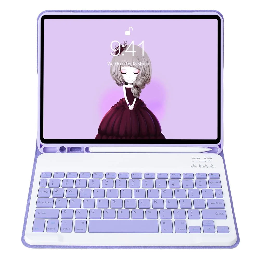 A13B For iPad Pro 11 (2024) Tablet Cover Leather + TPU Case Bluetooth-Compatible Keyboard with Pen Slot - Lilac Purple - 2