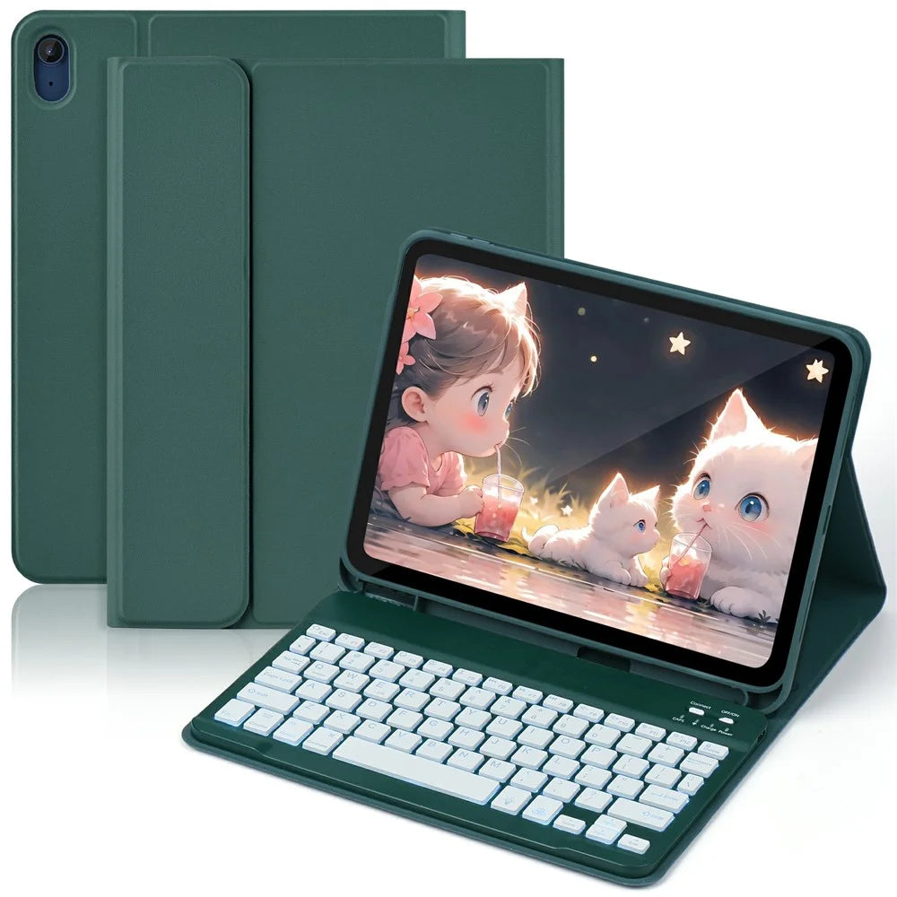 SK-1099D For iPad (2025)  /  10.9 (2022) Tablet Case Leather Cover with BT Keyboard - Midnight Green - 1