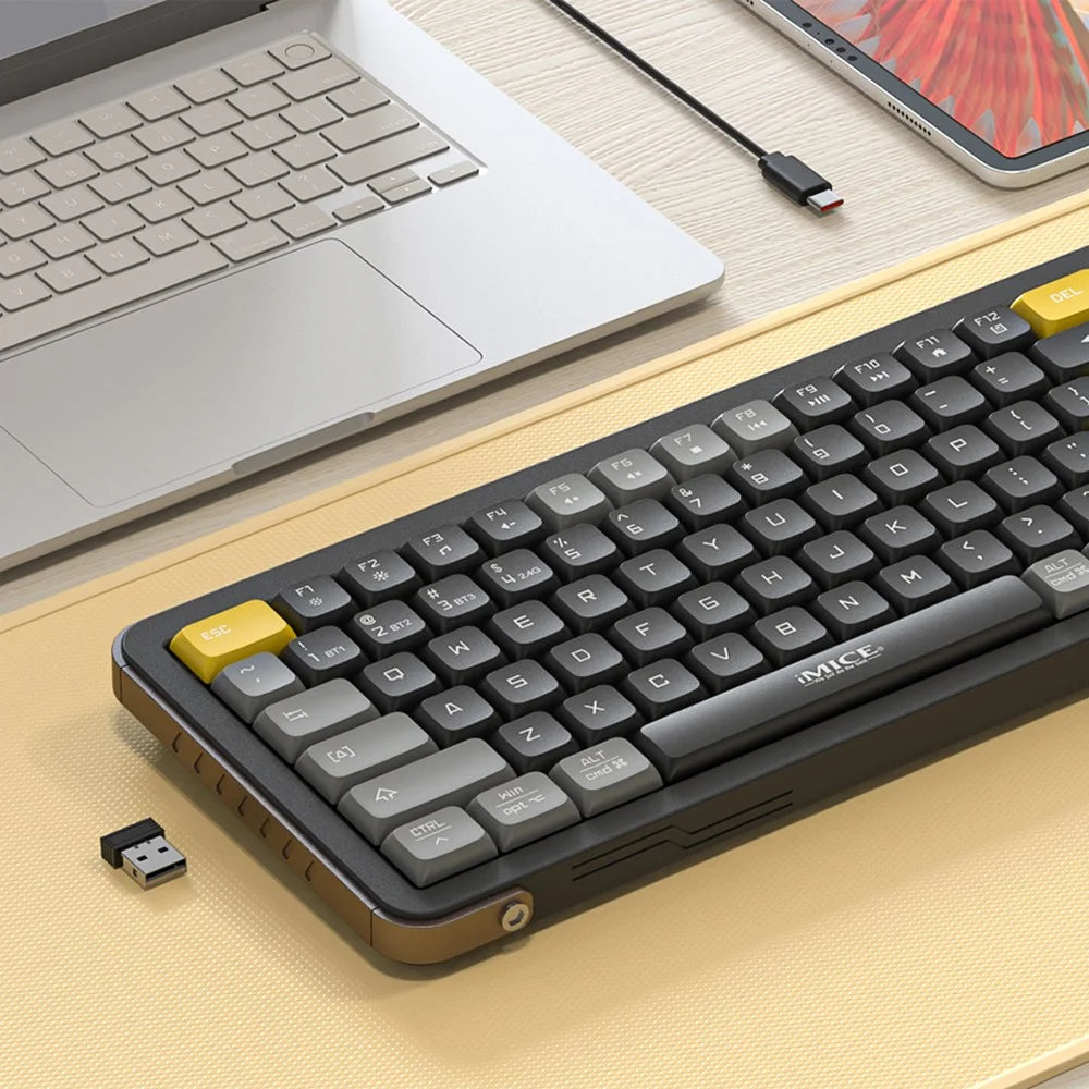 IMICE AN-800 99 Keys 2.4G + Bluetooth-compatible Wireless Keyboard Scissor Switch Rechargeable Keyboard - Black+Grey+Yellow - 2