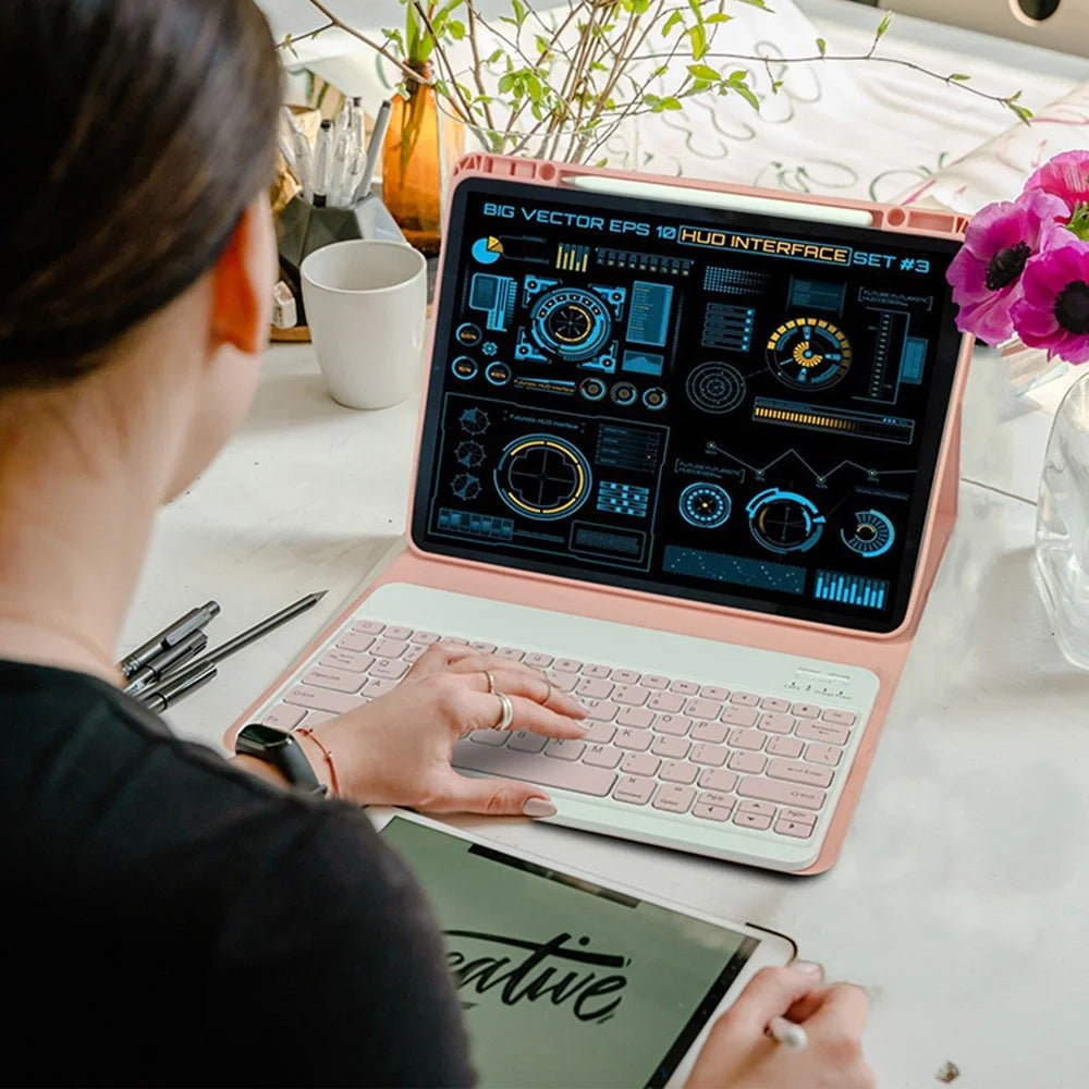 For  iPad Pro 12.9 (2021) / (2020) / (2018) Skin Touch PU Leather Cover Shell + Ultra Slim Square Key Cap Design Wireless Bluetooth-compatible Keyboard Set - Pink - 4