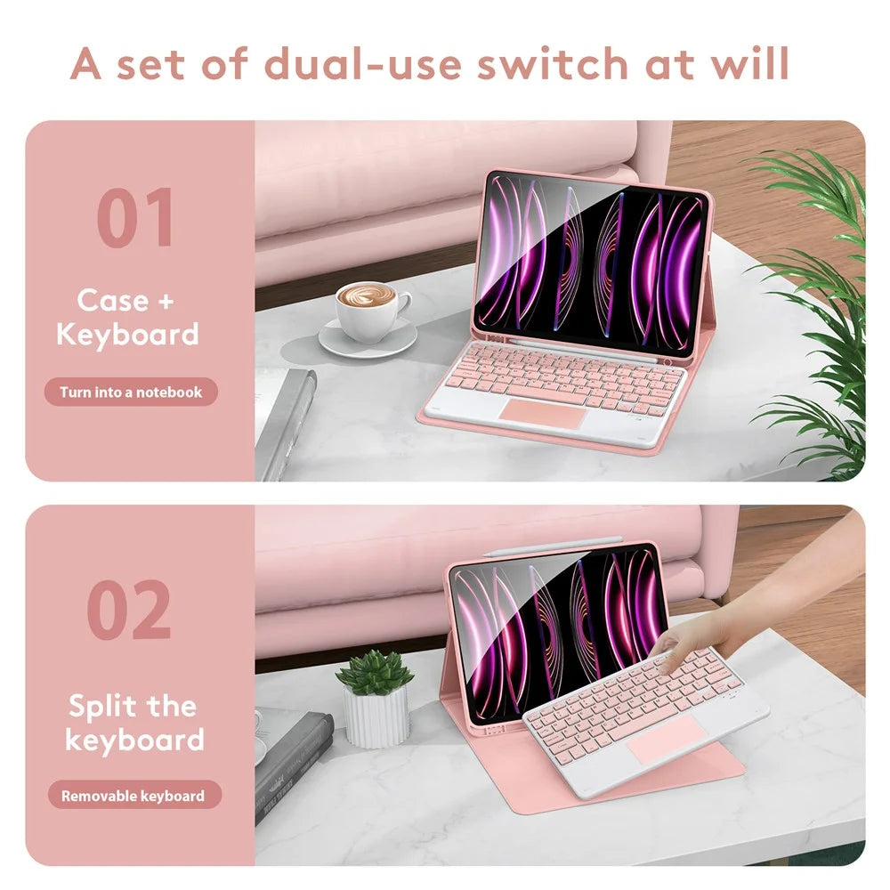 TP-1099 For iPad (2025) / 10.9 (2022) Wireless Keyboard Case with Mouse, PU Leather Folio Flip Cover Bluetooth-Compatible Keyboard Case - Pink - 6