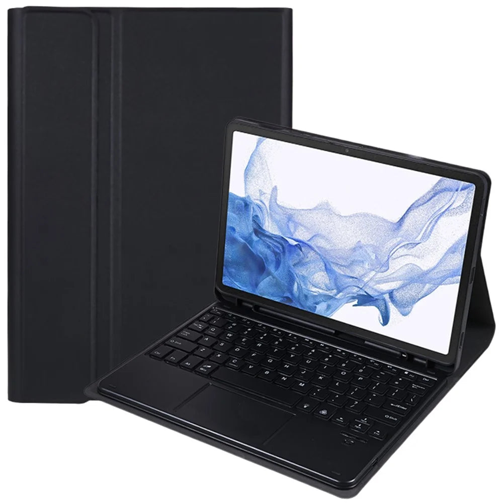 SK-T870D Tablet Case for Samsung Galaxy Tab S8 SM-X700, X706 / Tab S7 SM-T870, T875, T878 Stand PU Leather Cover + Bluetooth-compatible Backlit Keyboard with Touchpad - Black - 1