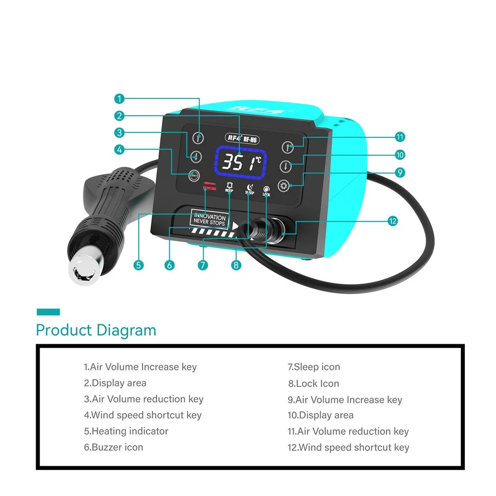 RF4 RF-H6 600W Hot Air Rework Station 220V Digital Display Heat Gun for Electronics Repairing, EU Plug - 6