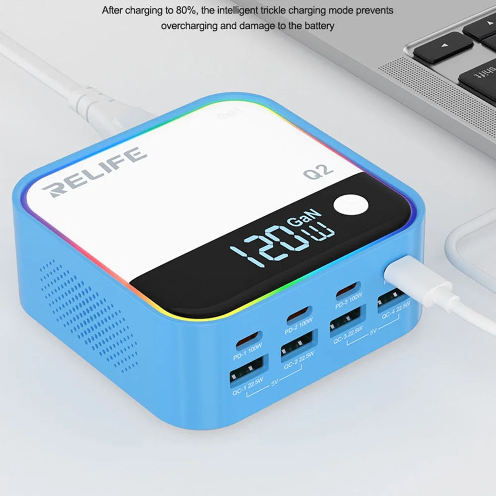 RELIFE Q2 120W GaN Charger 8 Port Desktop Charging Station Intelligent Charging Protection - Blue - 4