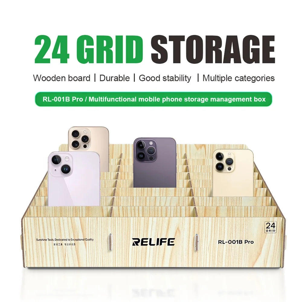 RELIFE RL-001B Pro 24 Grid Phone Management Box  /  Wooden Storage Organizer  /  Multi-Compartment Device Holder - 2
