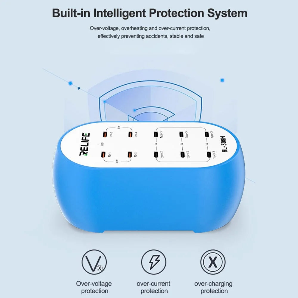 RELIFE RL-309M 10-Port Type-C Charging Station Smart Charger 72W High Power for Multi-Device - EU Plug - 5