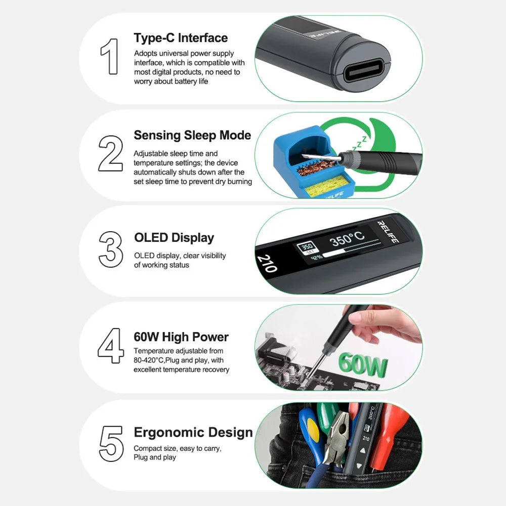 RELIFE RL-210 Portable Soldering Iron with OLED Display Fast Heating for Electronic Devices - 2