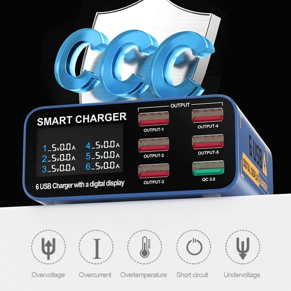 SUNSHINE SS-304Q 6-Port USB Charger Smart Digital Display Fast Charging Desktop Charging Station - Blue  /  US Plug - 2