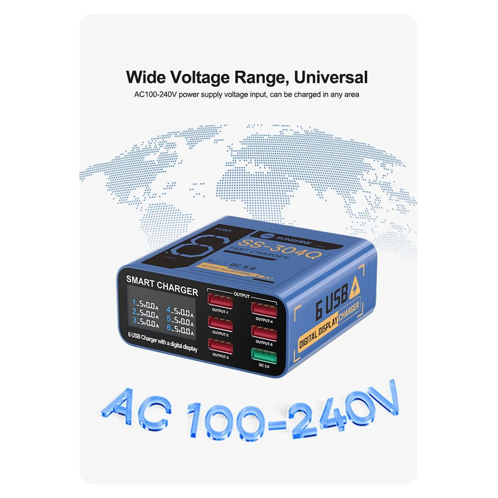 SUNSHINE SS-304Q 6-Port USB Charger Smart Digital Display Fast Charging Desktop Charging Station - Blue  /  US Plug - 5