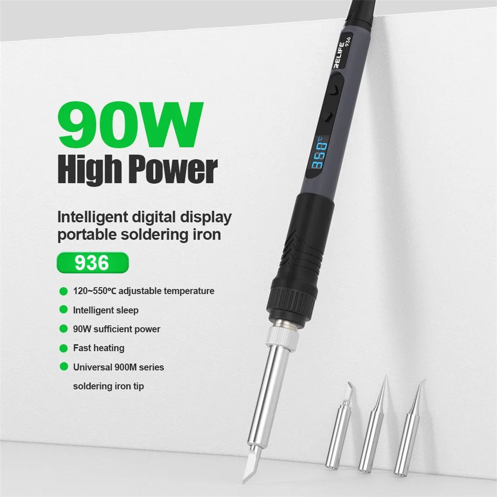 RELIFE 936 Digital Display Soldering Iron 90W High Power Fast Heating for Electronic Repair, K Type Tip - EU Plug - 2
