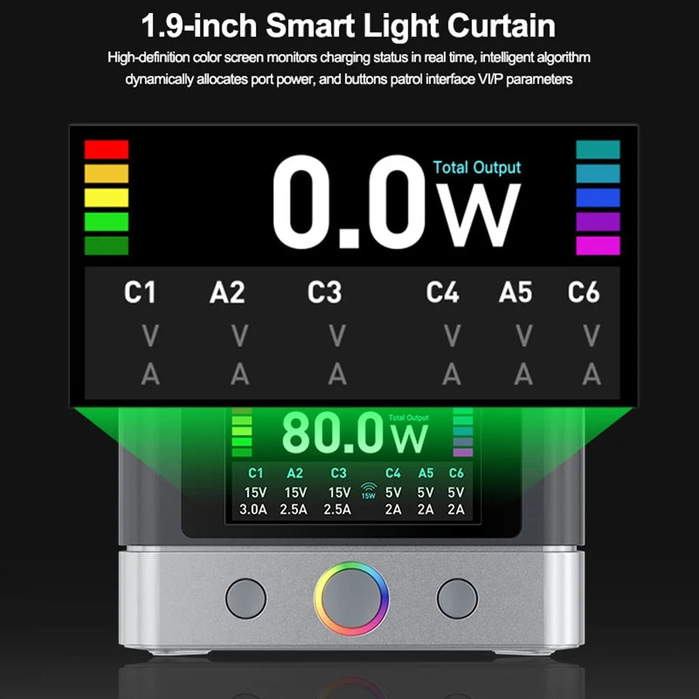 RELIFE Q7 6-Port 80W Intelligent Charger with LCD Screen Power Distribution for Electronic Devices - EU Plug - 5