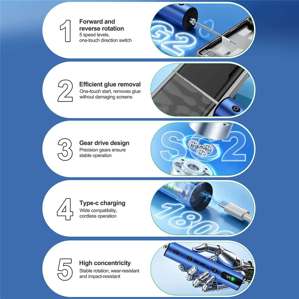 RELIFE LG2 Gear Glue Remover for Screen Repair  /  Curved Adhesive Removal with 5-Speed  /  Forward Reverse Design - 3