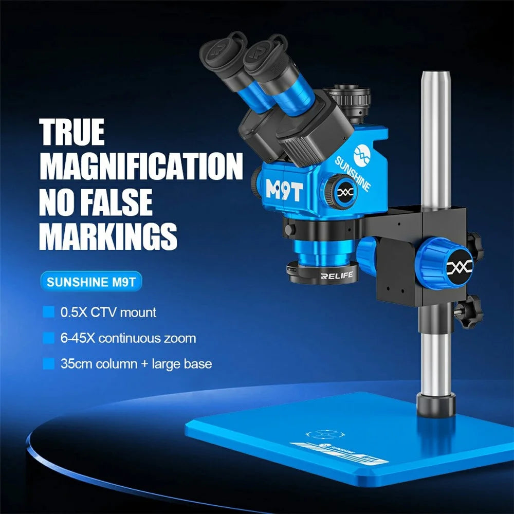 SUNSHINE M9T Trinocular Stereo Microscope 6X-45X Continuous Zoom 350mm Column for Electronic PCB Repair - 2
