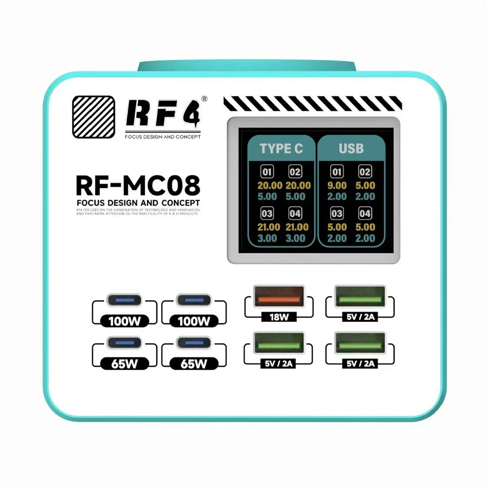 RF4 RF-MC08 LCD Screen 8-Port Charger with 4 USB-C + 4 USB-A Ports 100W Fast Charging Station for Laptop - 2