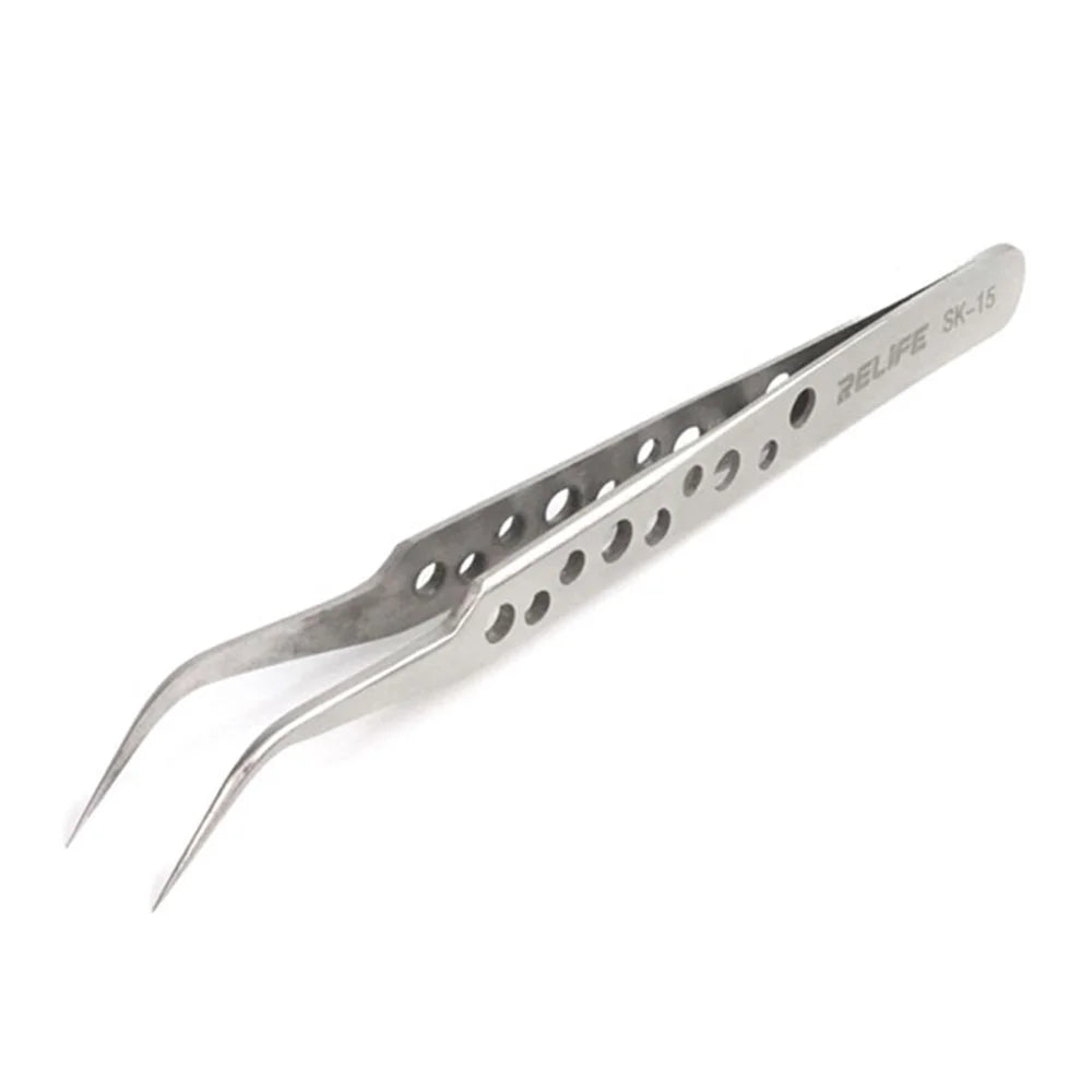 RELIFE SK-15 Curved Tip Tweezers with Holes Stainless Steel Anti-magnetic Tweezers Precision Repairing Tool - 1