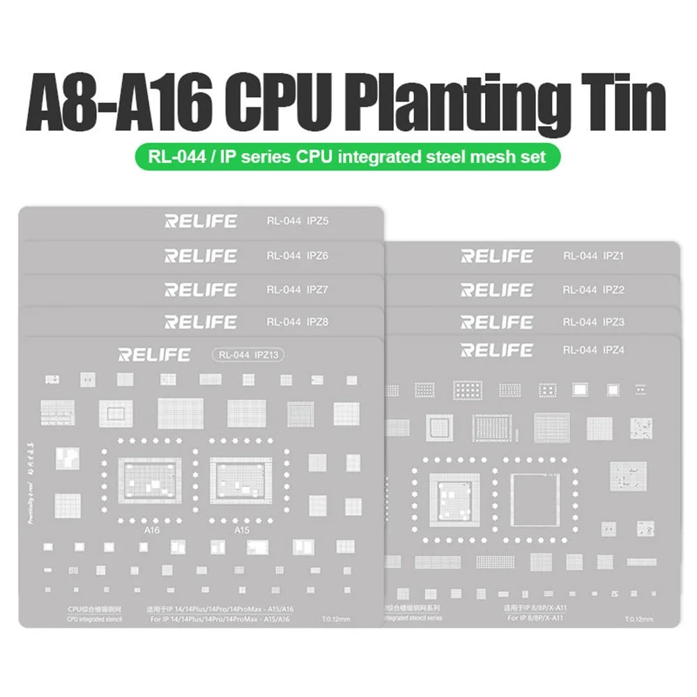 RELIFE RL-044 12Pcs IP Series CPU Integrated Steel Mesh Set iPhone 6-17 Series CPU Tin Planting Kit - 2