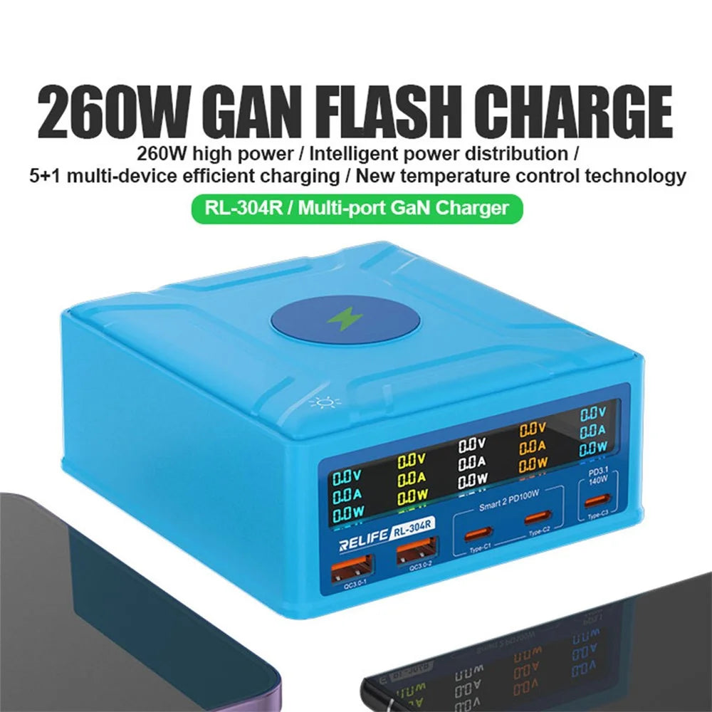 RELIFE RL-304R 260W GAN Charger Multi-Port Flash Charger 15W Wireless Charger with Touch LCD Display - US Plug - 2