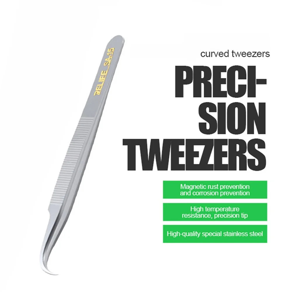 RELIFE SA-15 Anti-skid Stainless Steel Curved Tip Tweezers Electronic Device Precision Repair Tool - 2