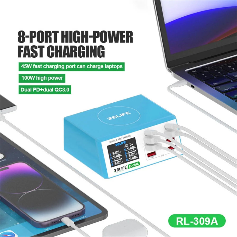 RELIFE RL-309A 8-Port High-Power Fast Charging Station LCD Display Desktop Charger for Cell Phone, Tablets, Laptops - US Plug - 2