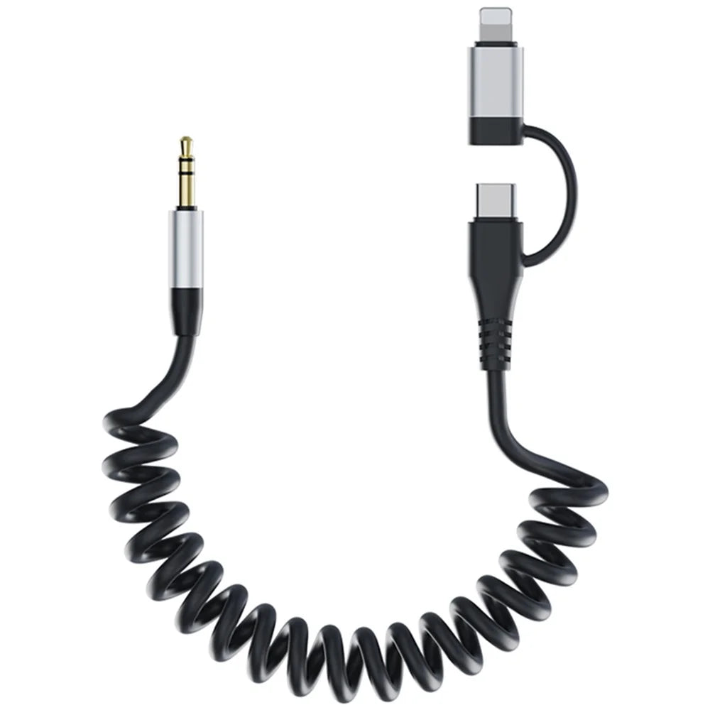 Type-C / 8-Pin Male to 3.5mm Male Spring Audio Cable Wireless Microphone Speaker Connection Cable - Silver - 1