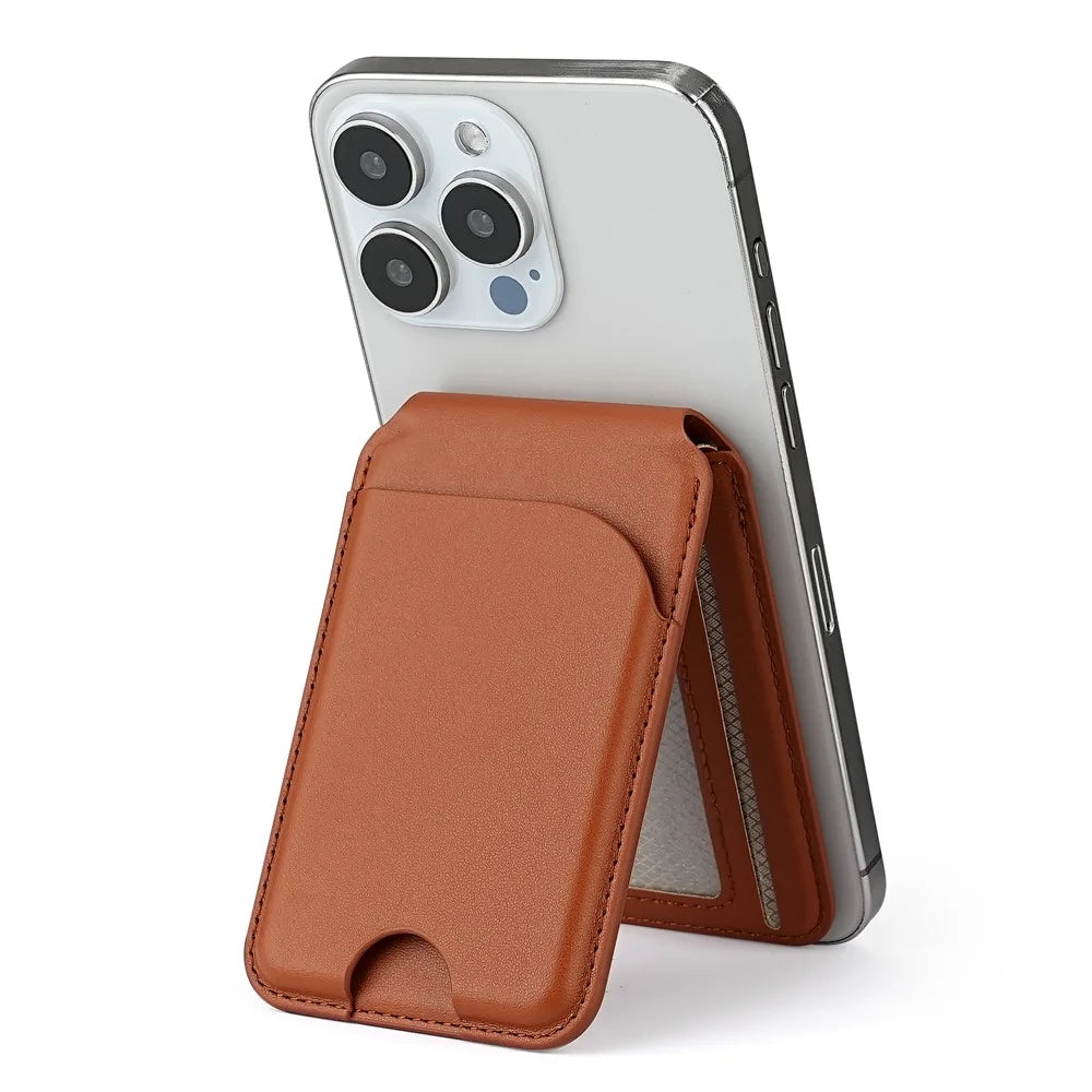PU Leather Magnetic Card Holder Bi-Fold Phone Card Bag with Kickstand Function - Brown - 4