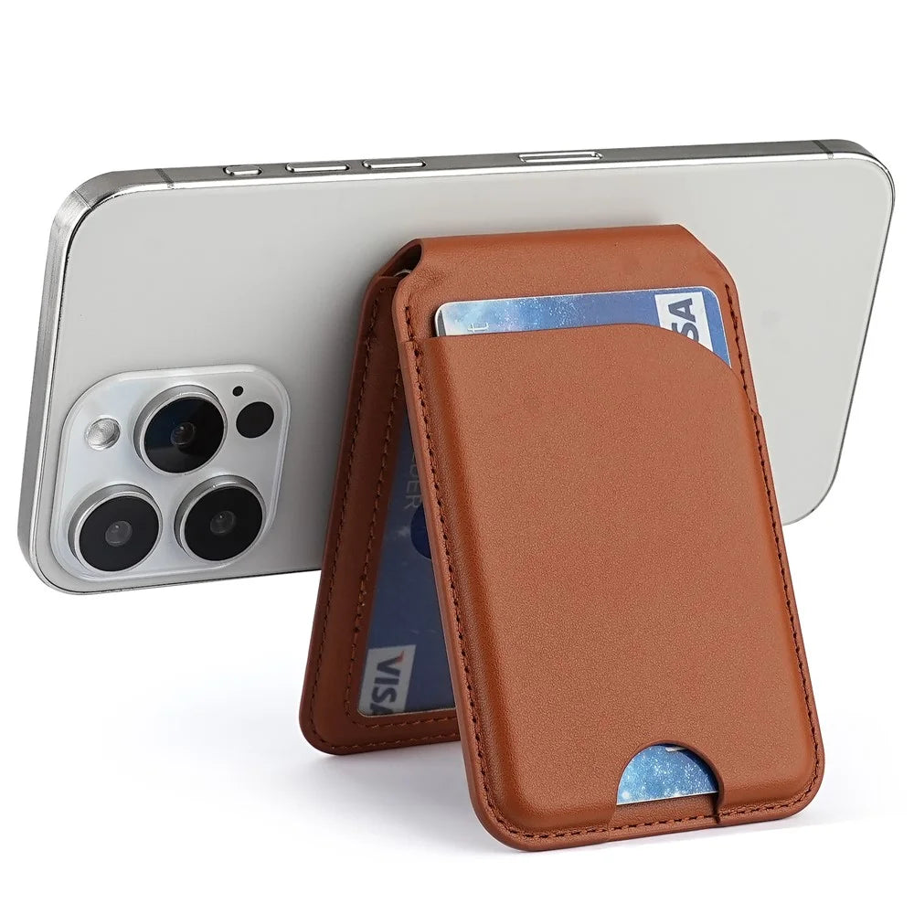 PU Leather Magnetic Card Holder Bi-Fold Phone Card Bag with Kickstand Function - Brown - 7